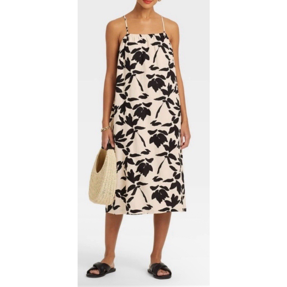 a New Day S XS Linen Blend Blk/Ivory Floral Print Midi Dress Adjustable Strap